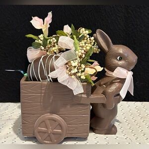 Vintage Ceramic Faux Chocolate Matte Easter Bunny w/ Cart And Faux Choc. Candies